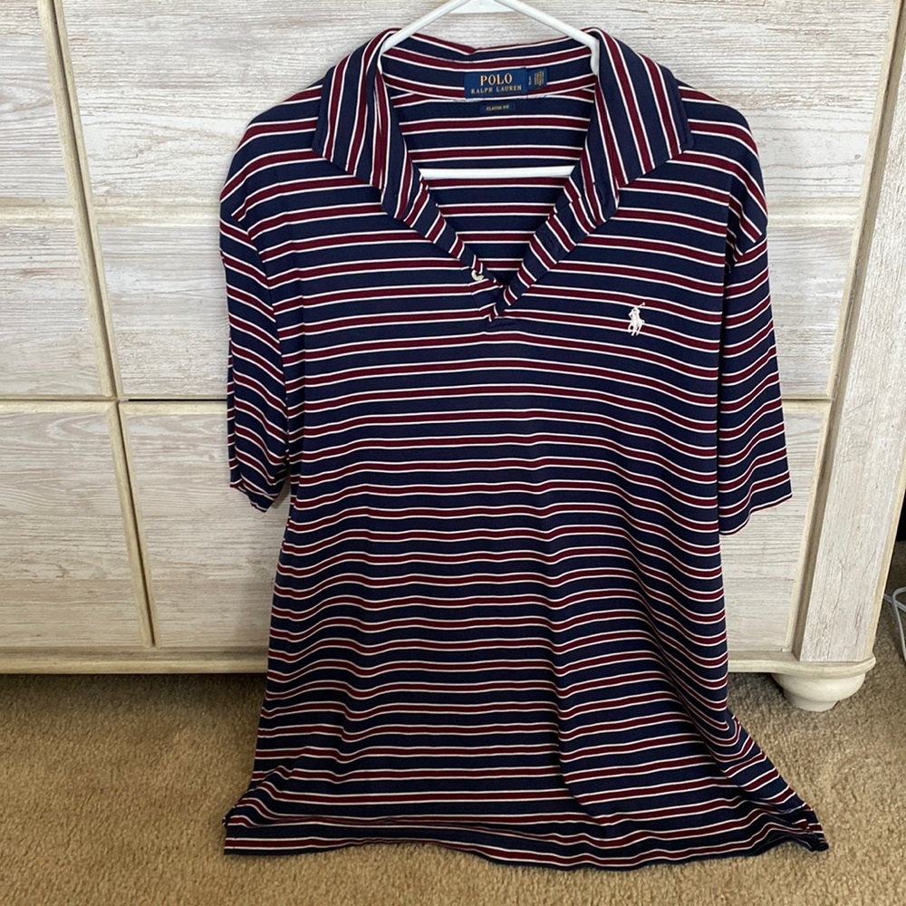 Polo Ralph Lauren Short Sleeve Polo - Men's L - Maroon, Blue, White Striped